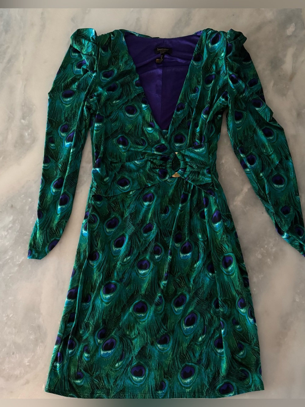 VTG Laundry by Shelli Segal Teal Green Purple Peacock Pattern Dress